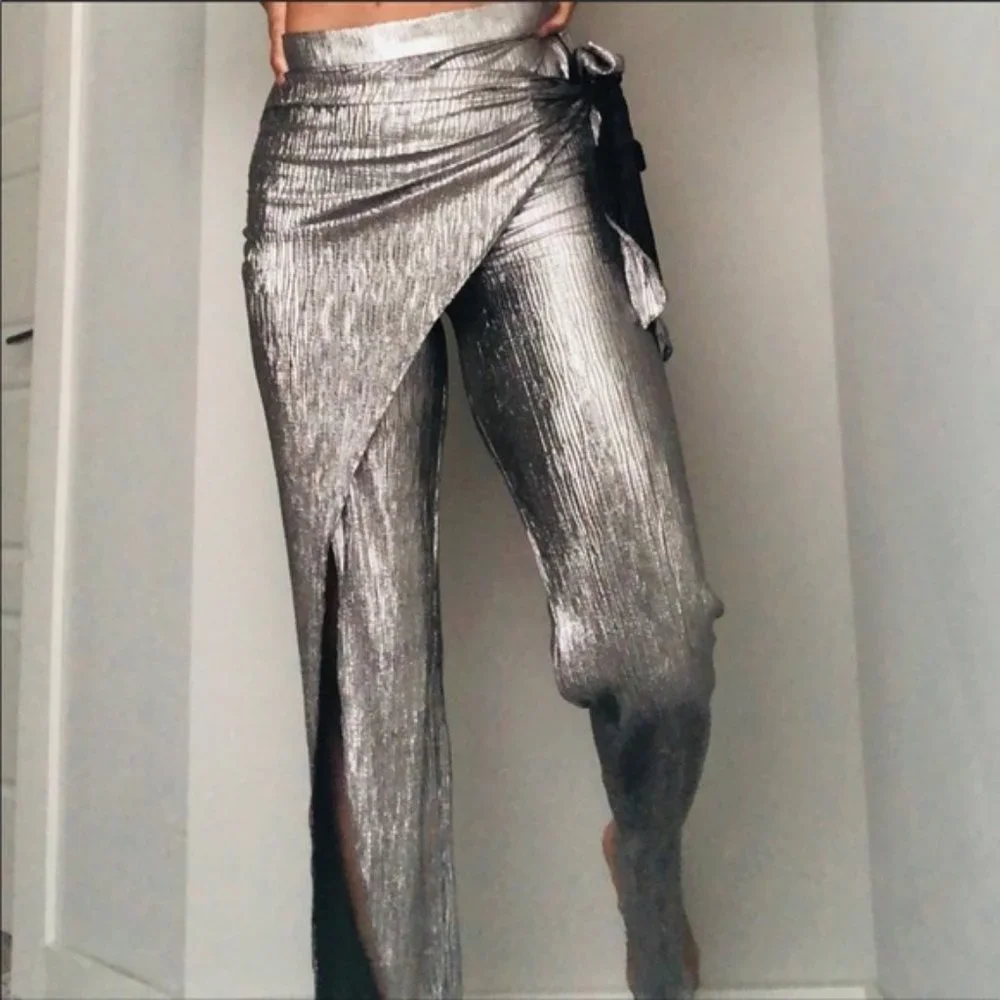 BLOGGER'S FAVE! Zara Limited Edition Sparkly Silver Wrap Front Pants SZ XS NWT - Picture 3 of 14